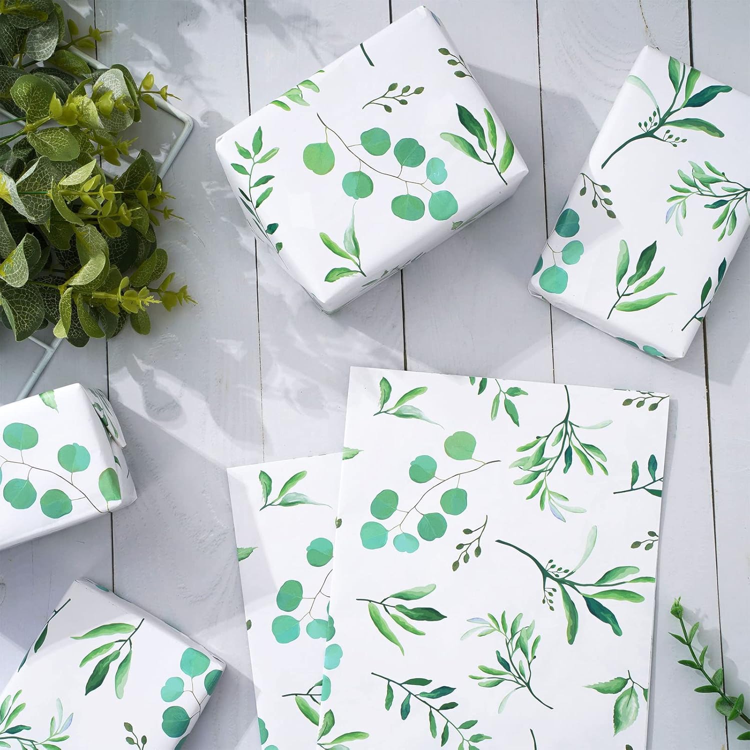 Whaline Papel de regalo de hojas verdes de acuarela, papel de regalo de hojas verdes a granel, papel de arte plegado plano para safari en la selva,