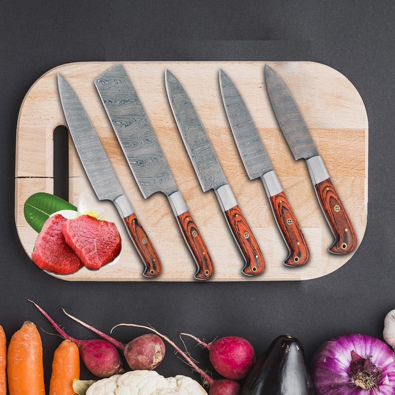 Wild Turkey Handmade Damasco – Juego de cuchillos de chef de cocina de 6 piezas, cuchillas completas de espiga marrón y azul, mango de madera de
