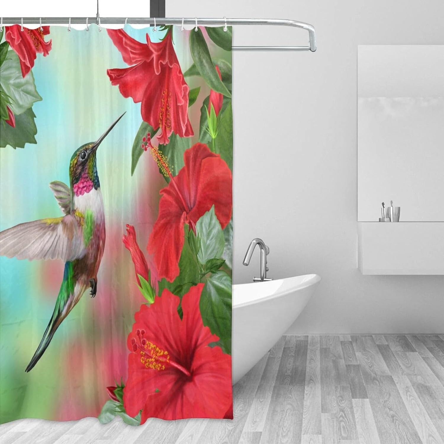 Hummingbird – Cortina de ducha de plástico de 72 x 72 pulgadas, cortinas de ducha extra largas para baño, juego de cortinas de baño con ganchos,