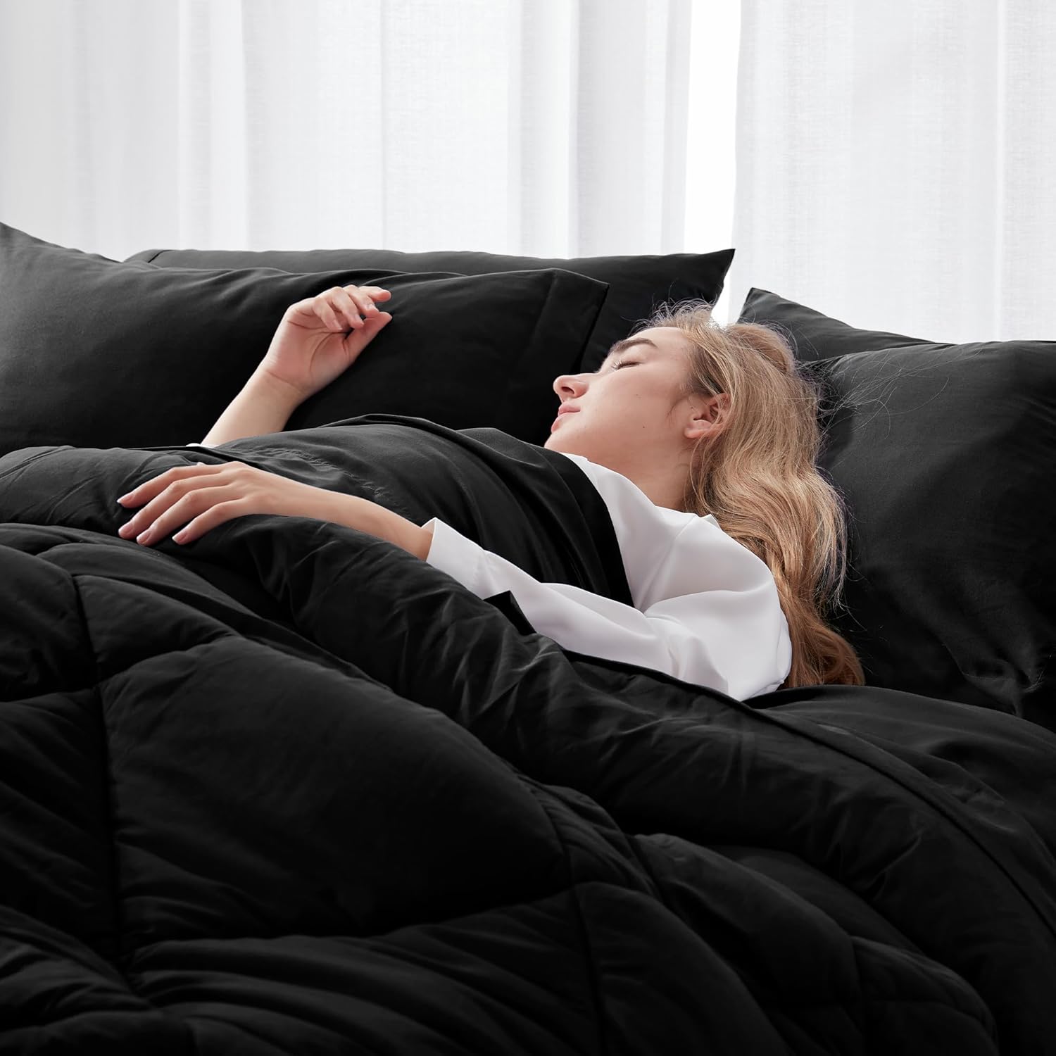 Newspin Juego de edredón de 6 piezas para cama individual en una bolsa, juego de cama negro para todas las estaciones, juegos de ropa de cama
