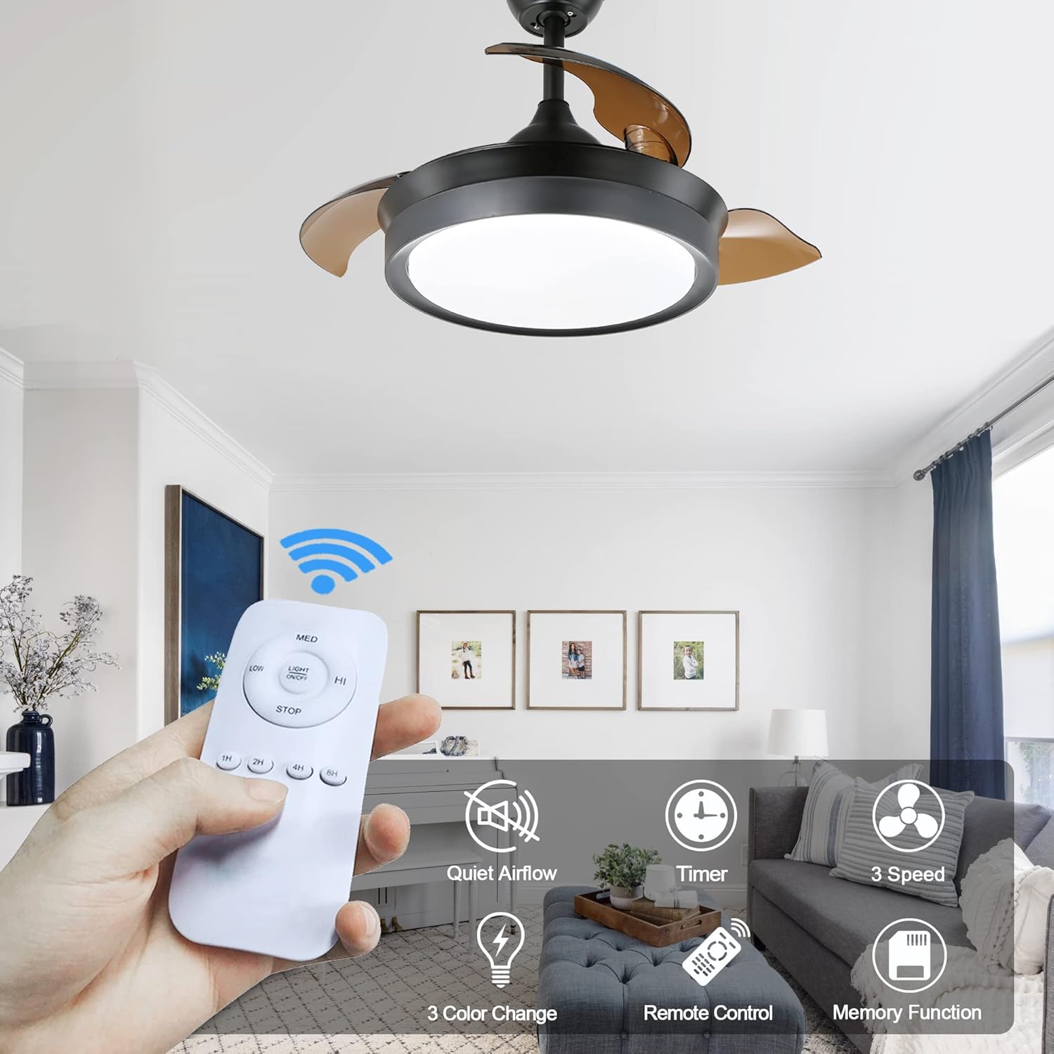 Dawn Whisper Ventilador de techo retráctil de 36 pulgadas con luces y control remoto, moderno ventilador de techo con aspas retráctiles, motor