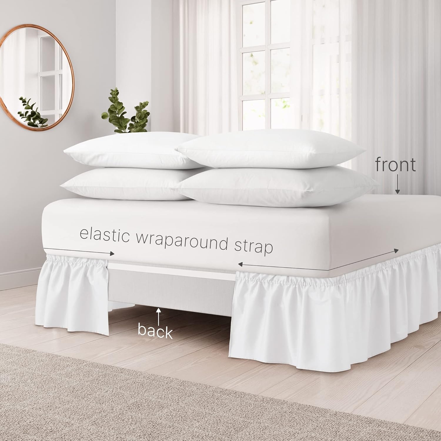CGK Linens – Falda de cama envolvente con volantes, color blanco, para camas de tamaño Queen con caída de 12 pulgadas, correa elástica de fácil