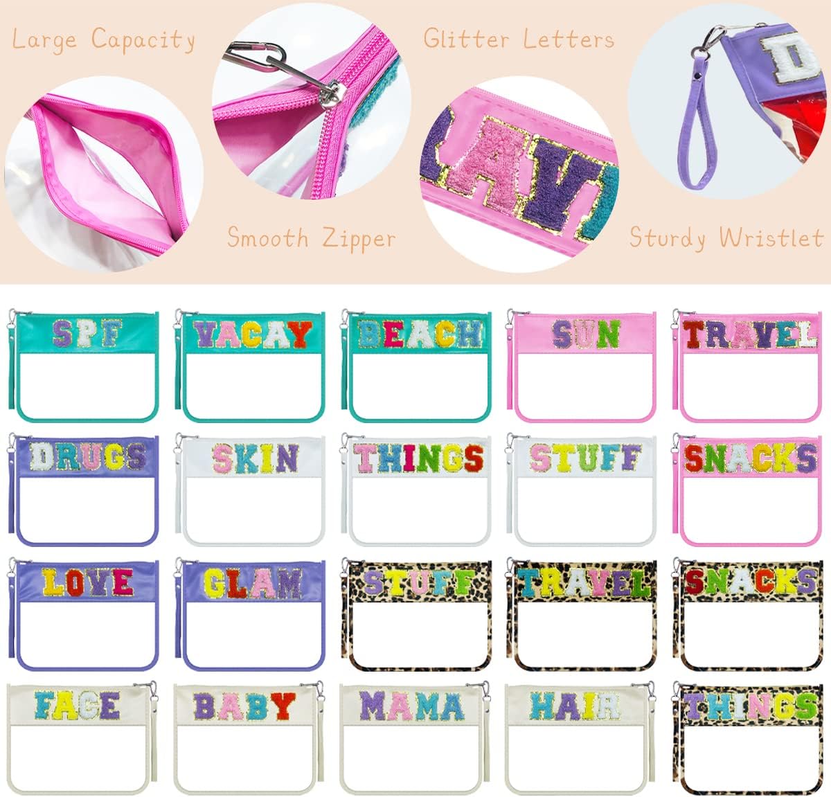 AOZHUO Bolsas de aperitivos Monogram Chenille Letter Bag Snack Bag Clear Beach Bag Bolsa de maquillaje, Multicolored429