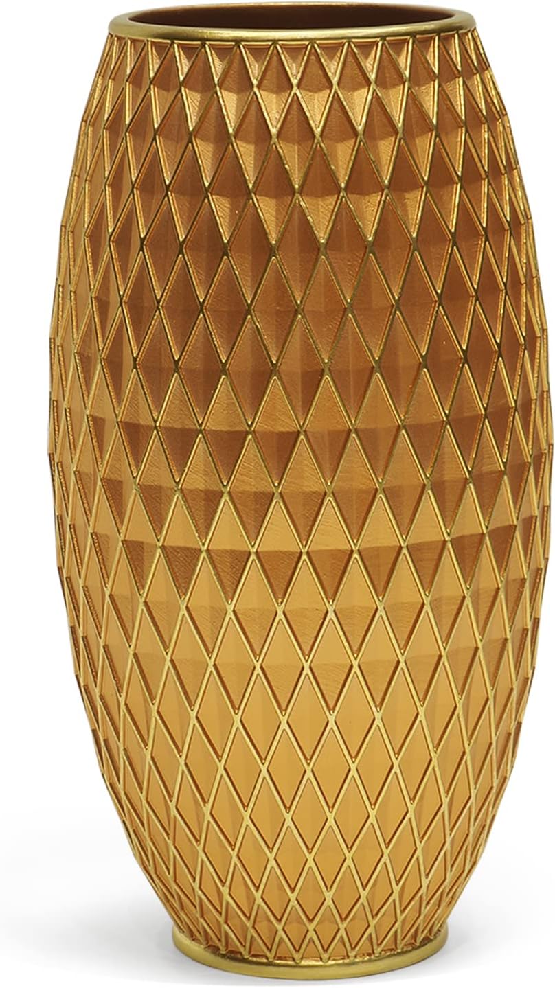 Suanti Jarrón dorado para flores de 11 pulgadas de alto, hecho a mano y pintado a mano con patrón geométrico de diamante para sala de estar, cocina,