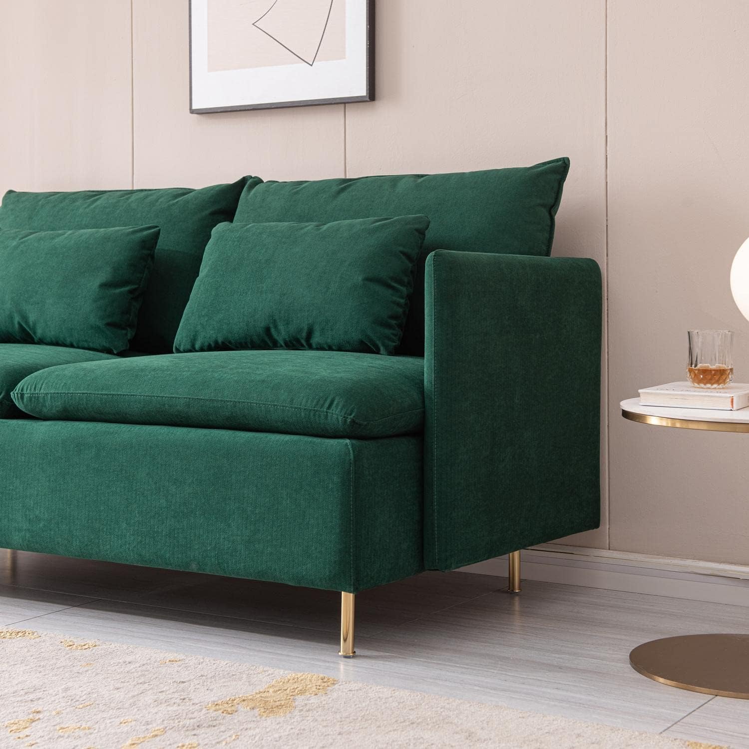 Seegool Mid-Century – Sofá biplaza de 2 asientos, muebles de tela de lino de algodón y patas de metal dorado, sofá pequeño para sala de estar,
