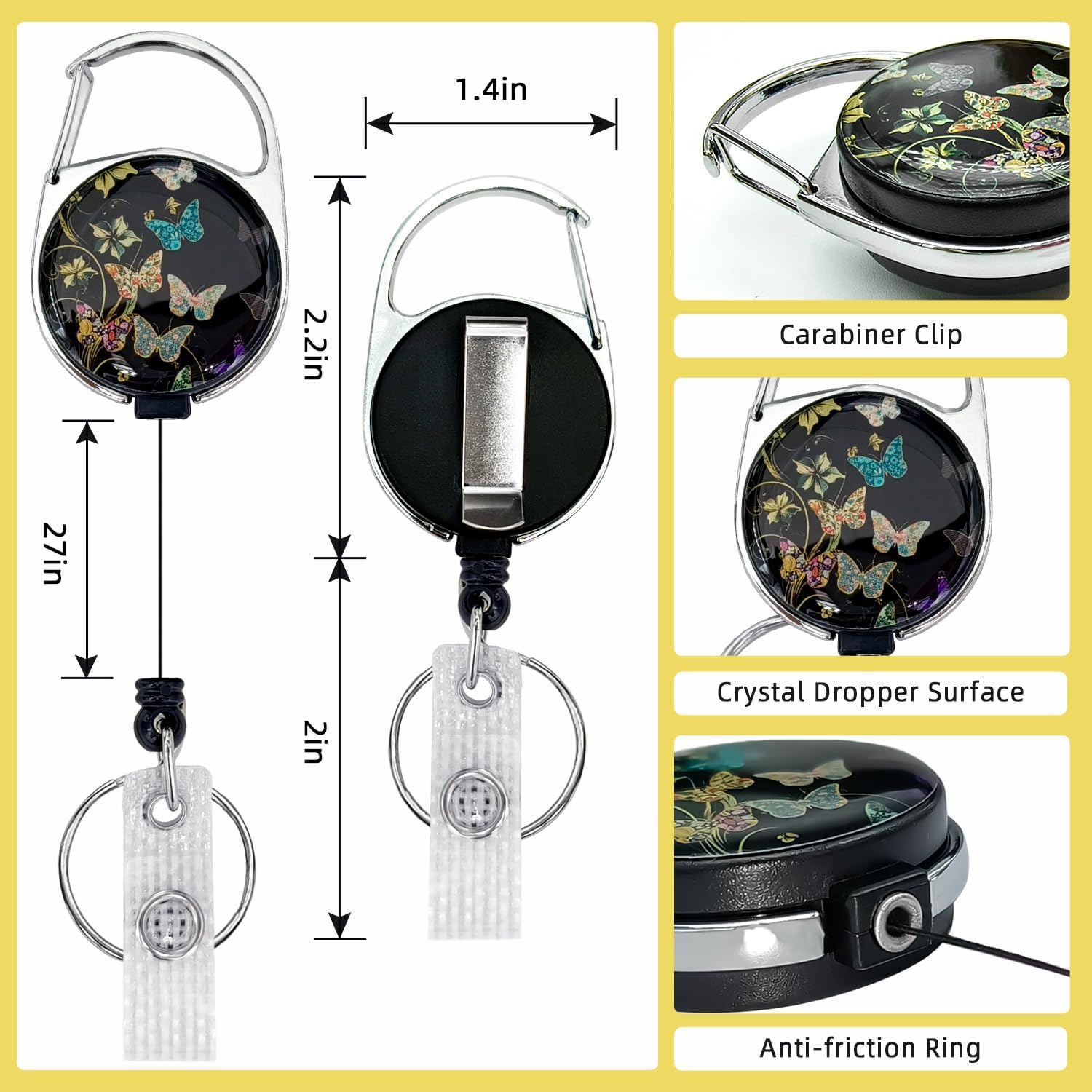 Diwvzoed Portatarjetas con carrete retráctil, bonito cordón estético de mariposa, elegante protector vertical de identificación, clip retráctil para