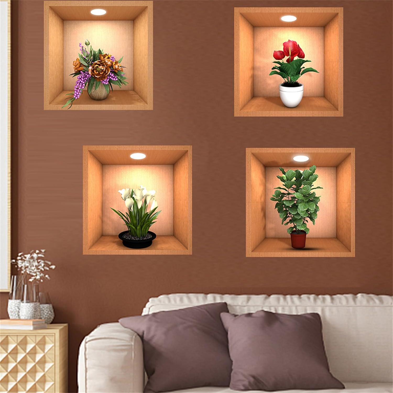 Calcomanías de pared 3D de plantas verdes en maceta, flores en maceta, calcomanías de pared removibles de PVC para despegar y pegar, murales de