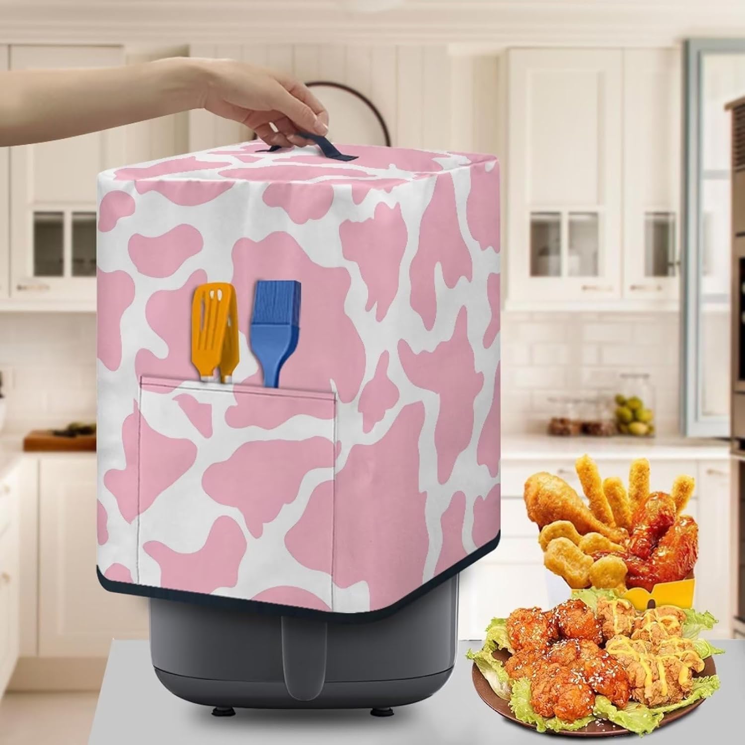 Funda para freidora de aire con estampado de vaca rosa, cubierta antipolvo para electrodomésticos pequeños con asa superior y bolsillo frontal,