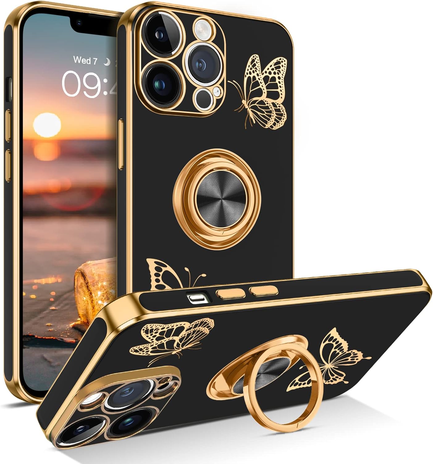 BENTOBEN Funda para iPhone 13 Pro Max, funda para teléfono iPhone 13 Pro Max, delgada y bonita mariposa chapada en 360, soporte magnético para