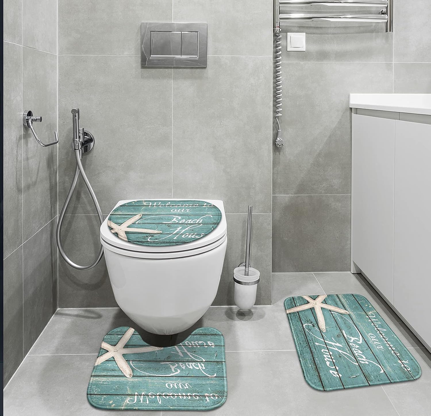 Britimes Juego de 3 tapetes de baño para baño, 3 piezas, diseño de estrella de mar azul claro y texto, cubierta lavable, decoración para cocina,