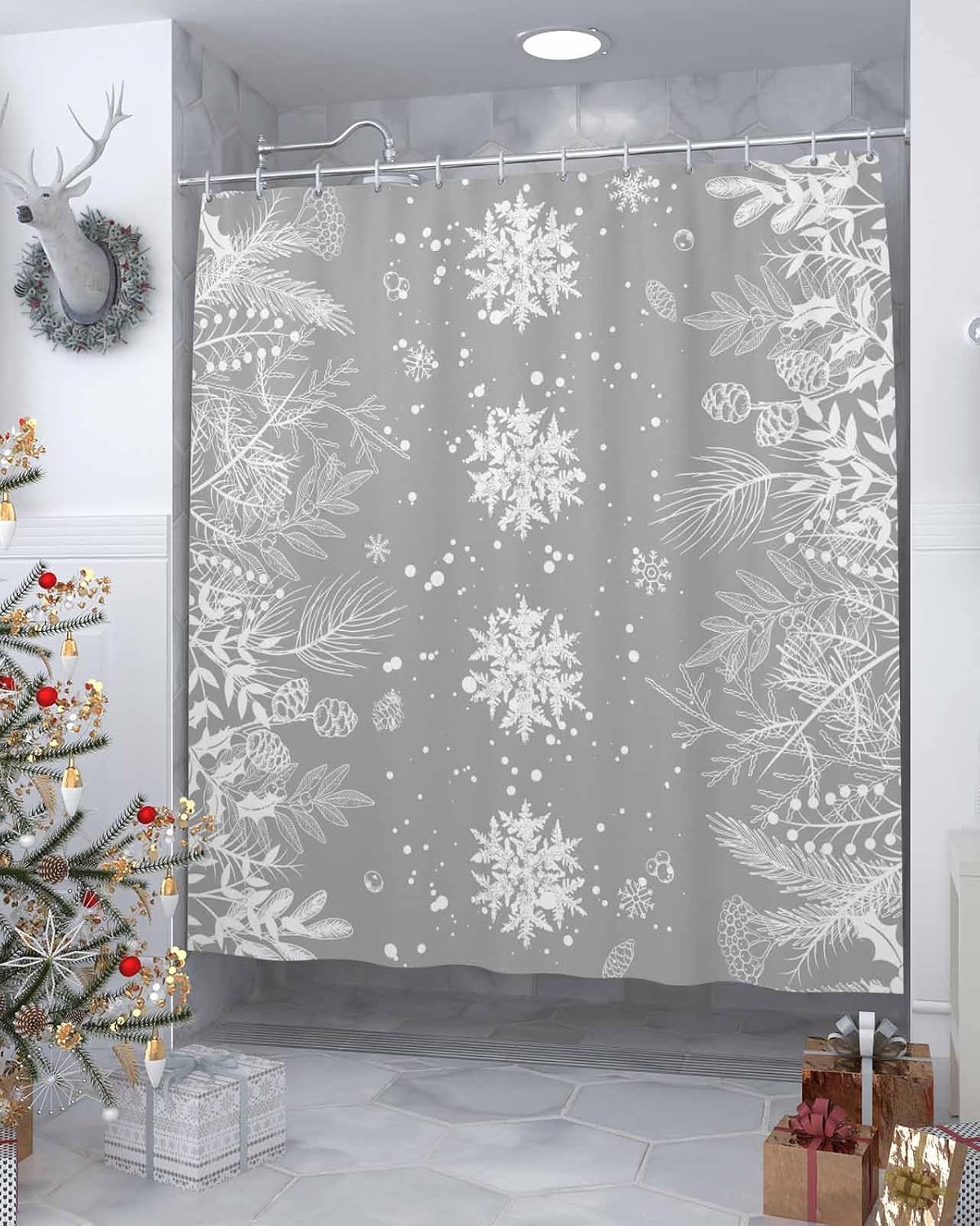 Cortina de ducha de Navidad, diseño geométrico de copos de nieve, impermeable, lavable, bohemio, divertido, juego de cortinas de ducha para baño,