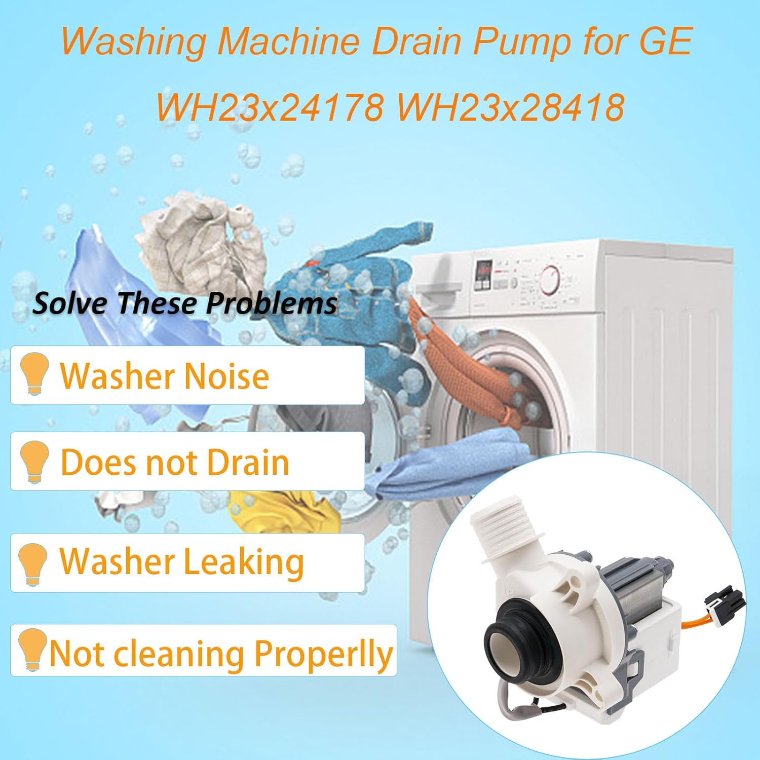 WH23X24178, WH23X28418, B40-3A01 Conjunto de bomba de drenaje de lavadora compatible con GE Clothes Washer GTW, modelos de la serie HTW, reemplaza