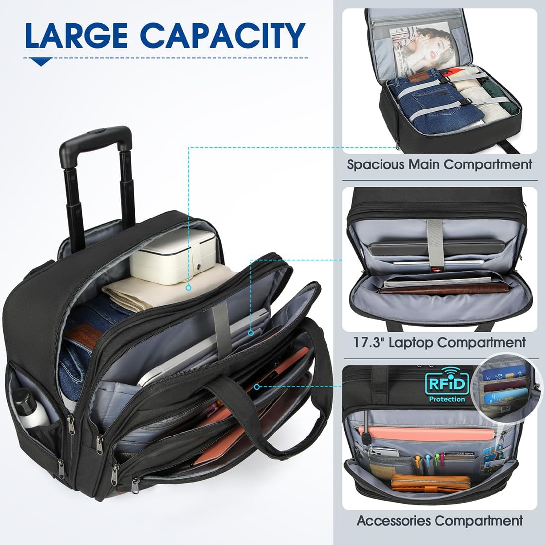 Bolsa con ruedas para laptop para mujeres y hombres, maletín con ruedas de 17.3 pulgadas, para computadora portátil, para trabajo, viajes, negocios,