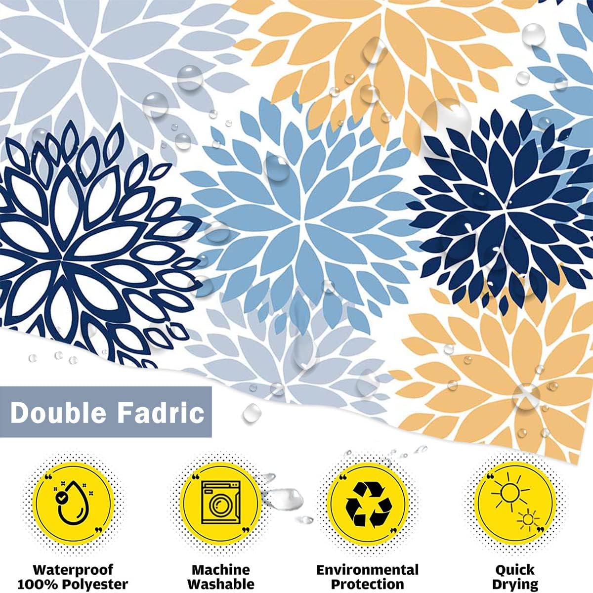 Mocsicka Cortina de ducha con flores de dalia azul, amarillo y azul marino, cortina de ducha floral de primavera para baño con 12 ganchos, 72 x 72