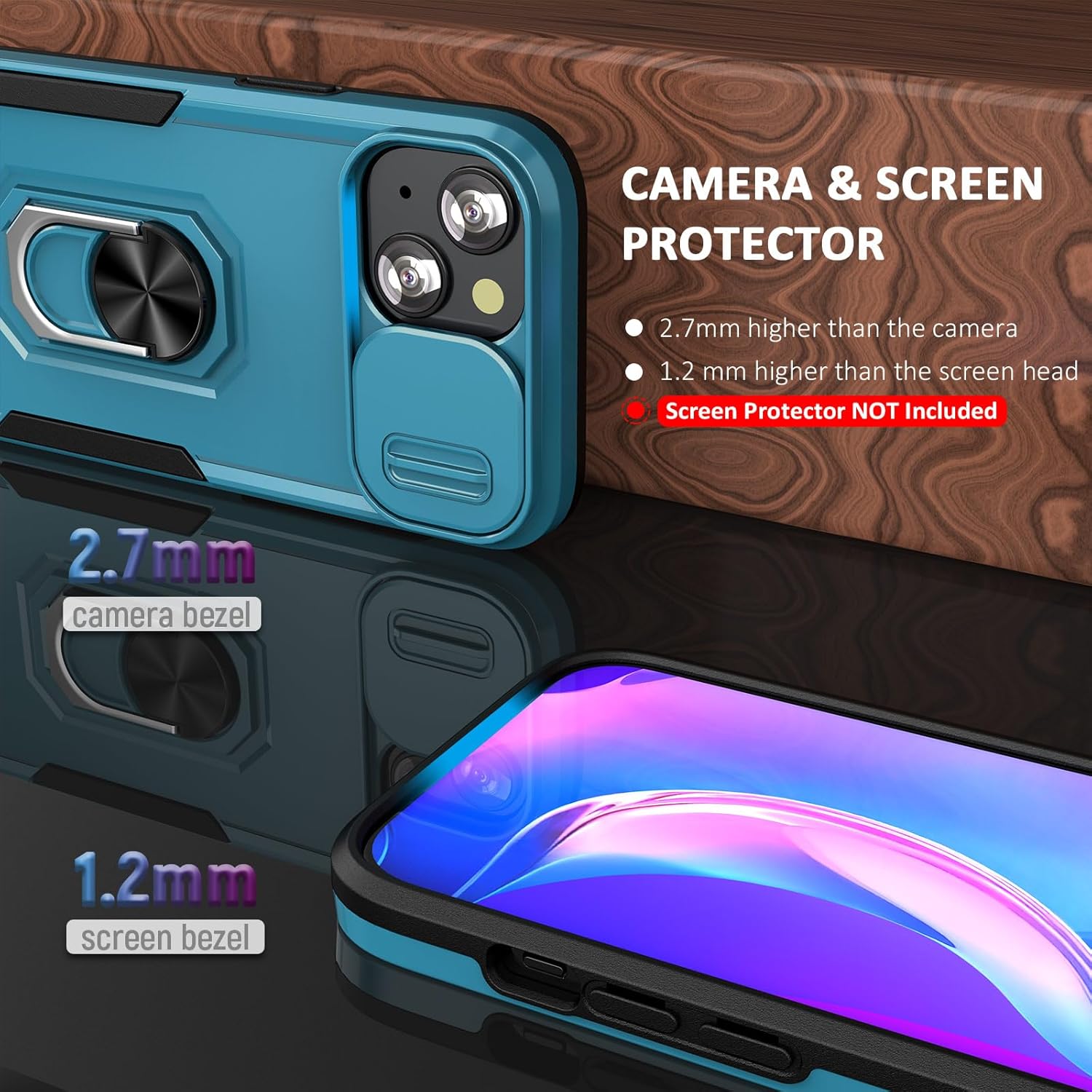 ADDIT Funda de teléfono para iPhone 15, funda para iPhone 15, con cubierta deslizante para lente y anillo de soporte, soporte magnético para
