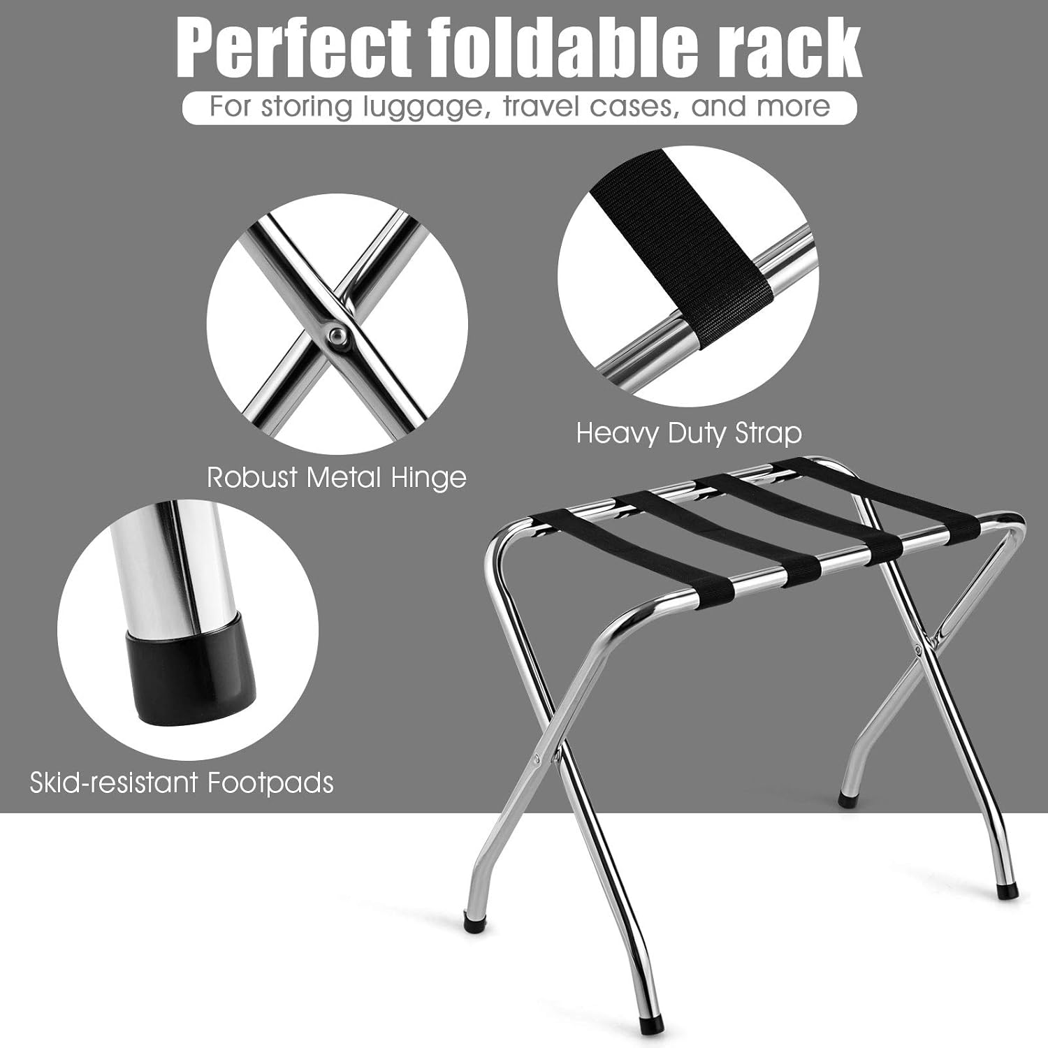 Tangkula Portaequipajes cromado para habitación de invitados, no requiere montaje, soporte plegable de metal para maleta con cinturones de nailon,