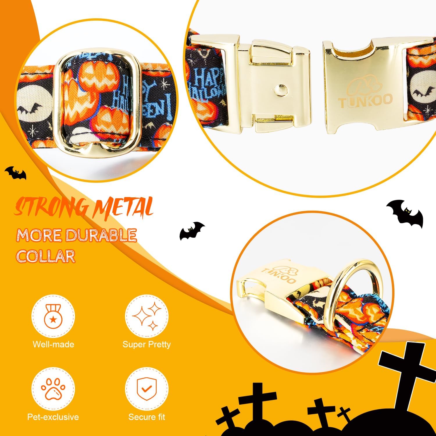Collar de perro con calabaza de Happy Halloween, duradero, ajustable y elegante, disponible en tamaño pequeño, mediano y grande S