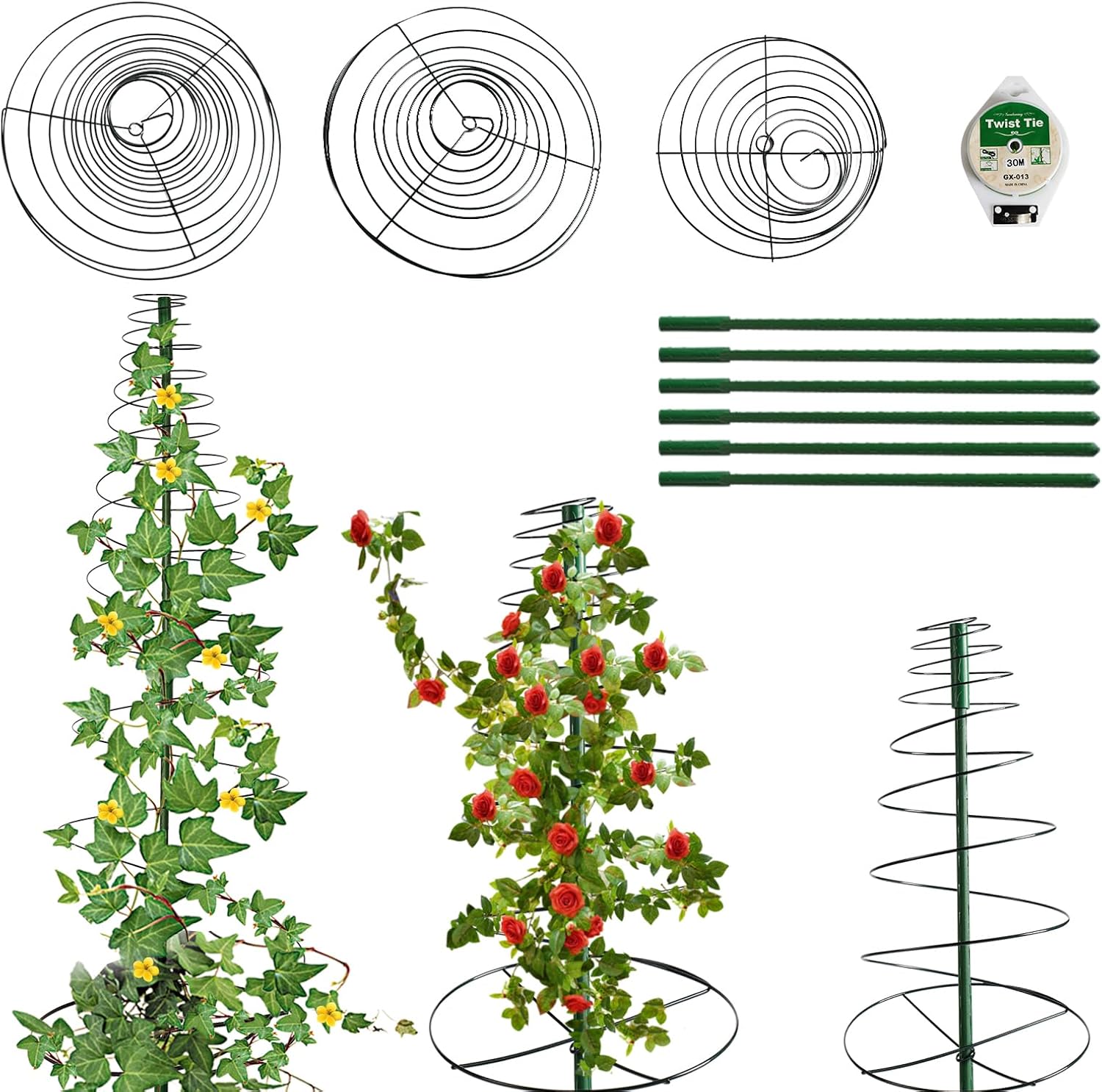 Decoroca Pea Garden Trellis – 20 pulgadas + 35 pulgadas + 50 pulgadas, 3 piezas de enrejado de metal elástico en espiral, estaca de soporte para