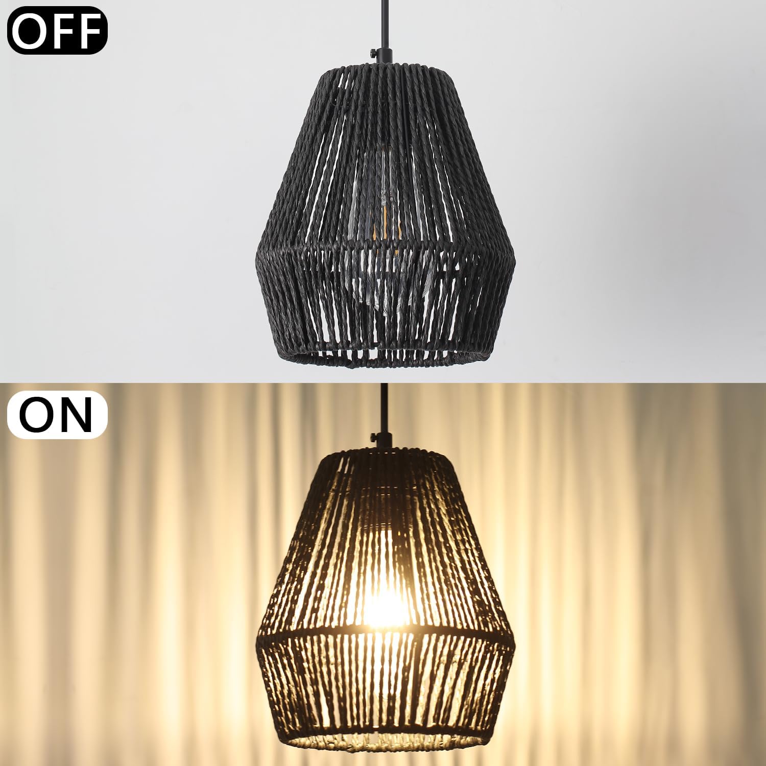 Lámpara colgante de ratán tejido negro, lámpara colgante de granja de 7 pulgadas, pantalla tejida a mano, moderna lámpara bohemia para cocina, isla,