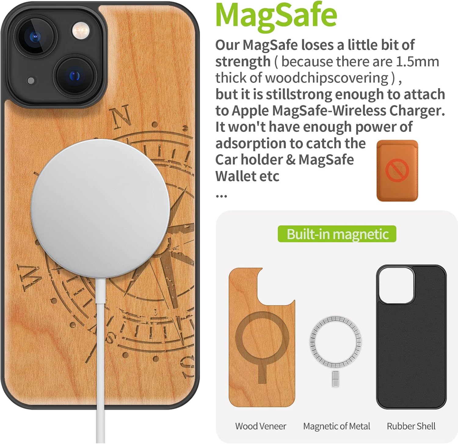 Carveit Funda magnética de madera para iPhone 13 Mini, madera real dura y TPU suave, funda protectora híbrida a prueba de golpes, funda de madera