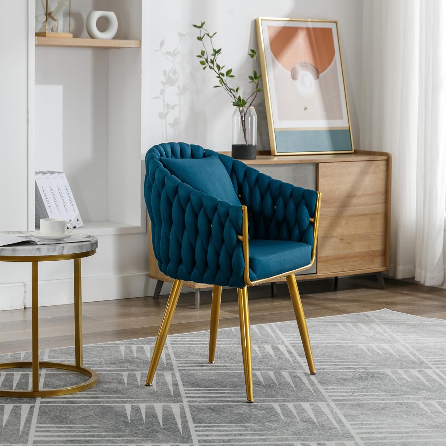 TRIPLE TREE Silla de comedor moderna de lino, sillas de tocador tejidas a mano con almohada de cintura, sillones con patas de metal dorado, cómoda
