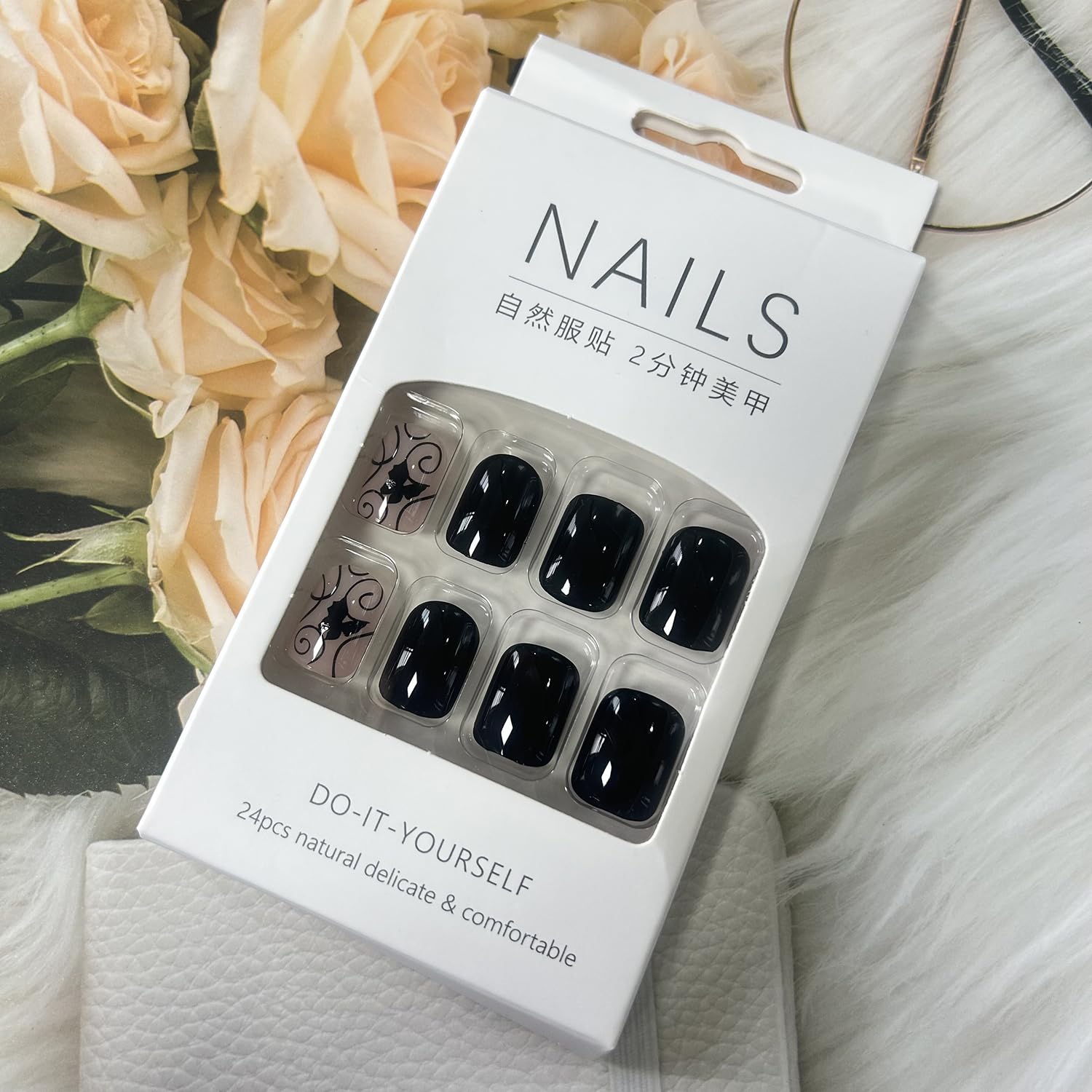 Uñas postizas acrílicas artificiales cuadradas cortas negras con diseño de mariposa de diamantes de imitación, cobertura completa, reutilizables,