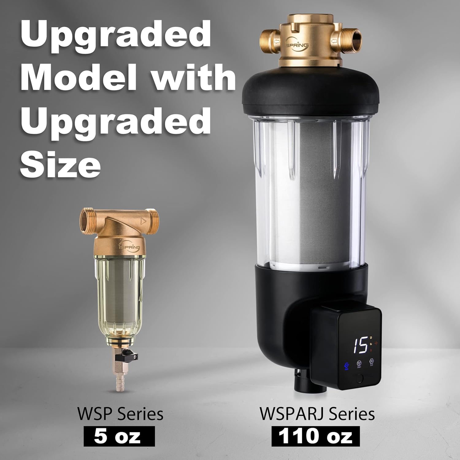 iSpring WSP500ARJ – Filtro de agua de sedimentos giratorios, tamaño jumbo mejorado, gran capacidad, reutilizable con módulo de descarga automática