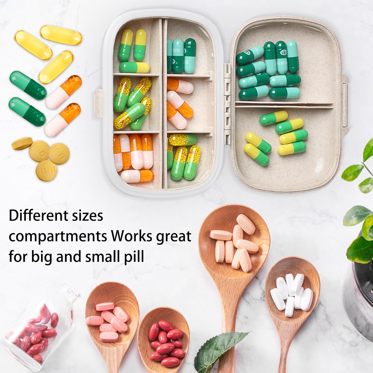 Ouzorp Paquete de 2 pastilleros de viaje de 8 compartimentos, pastillero portátil impermeable, estuche para medicamentos, pastillero pequeño para