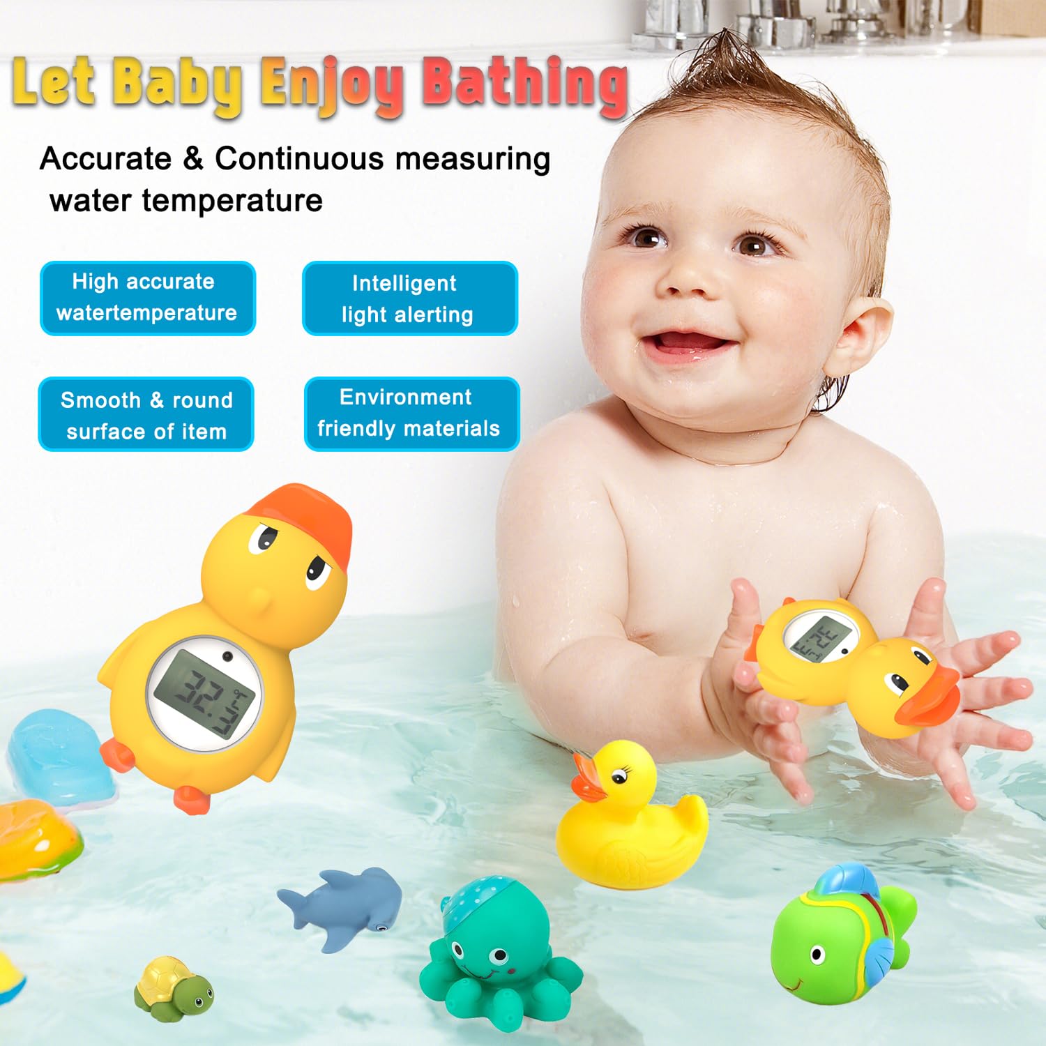 Termómetro de baño para bebés con pantalla LED y advertencia de temperatura, termómetro digital para habitación y termómetro de temperatura del agua