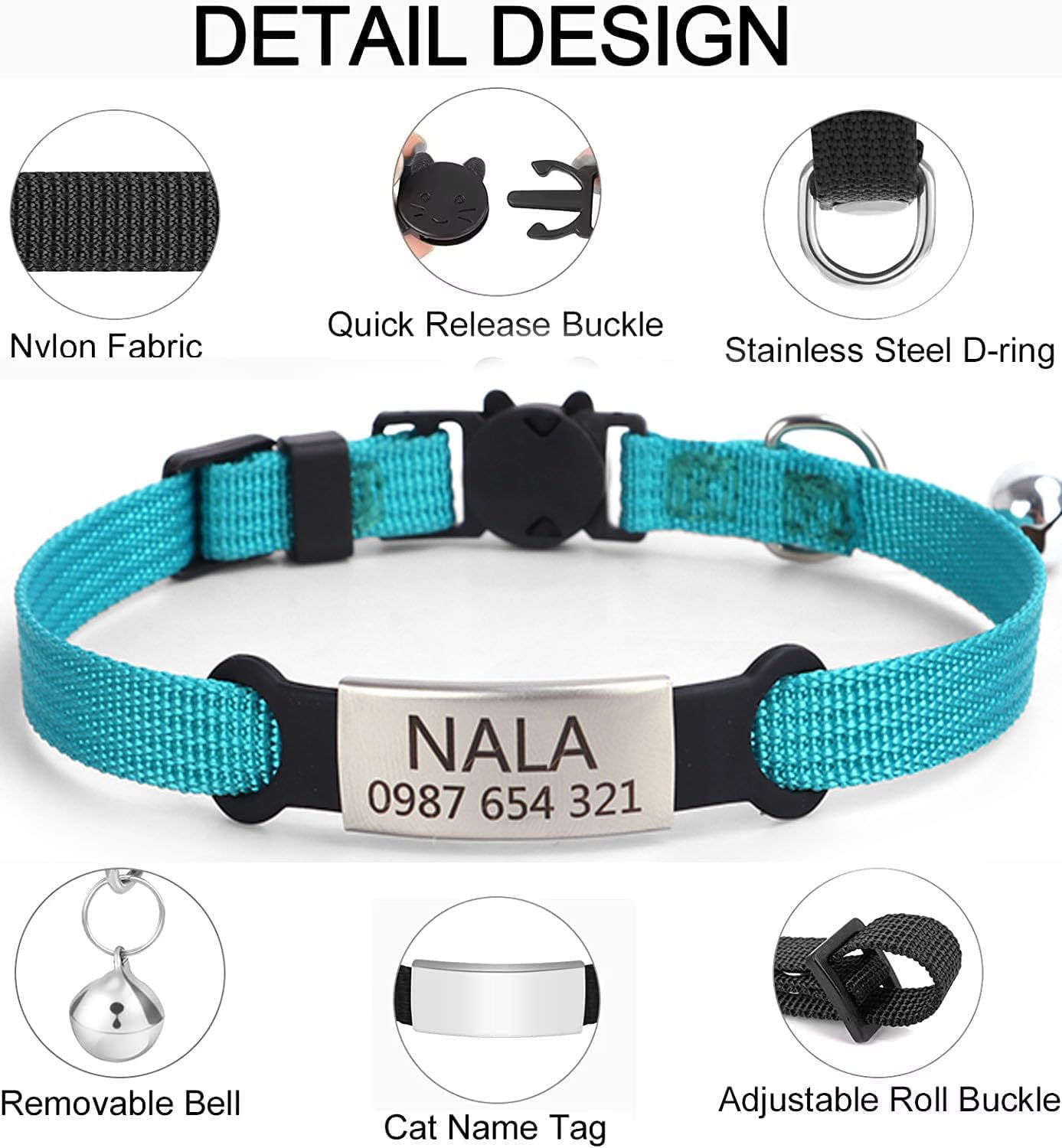 Pimaodog Collares de gato personalizados, nombre personalizado y número de teléfono, collares de seguridad para gatitos con campana para gatos niños