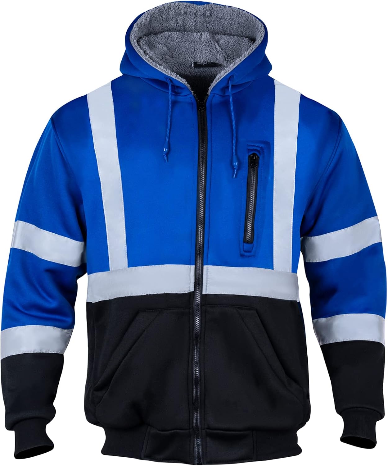 Sudaderas reflectantes de seguridad ANSI Clase 3 para hombre, de lana y forro polar, con cremallera y parte inferior negra (azul rey, XL)
