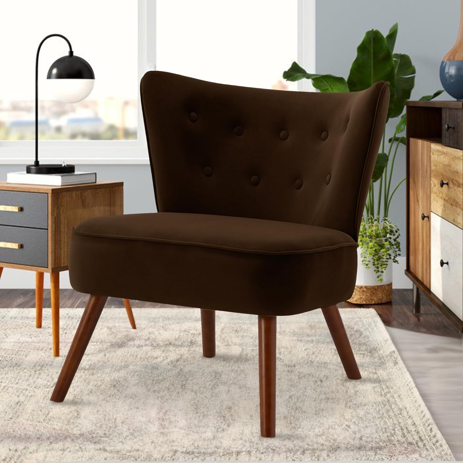 RUOVU Sillas decorativas de terciopelo modernas de mediados de siglo, sillas de sala de estar sin brazos con patas de madera, sillas de club con