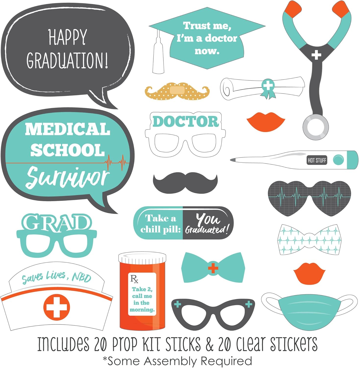 Big Dot of Happiness Graduado de la escuela de medicina – Kit de accesorios para cabina de fotos para fiesta de graduación de médico, 20 unidades