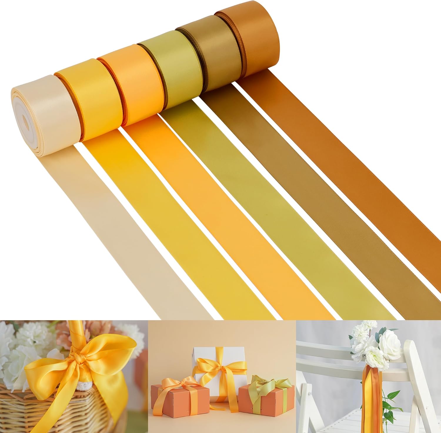 HUIHUANG Cinta dorada para envolver regalos, cinta de satén surtida de 1 pulgada para ramo de flores, manualidades, fabricación de lazos, decoración