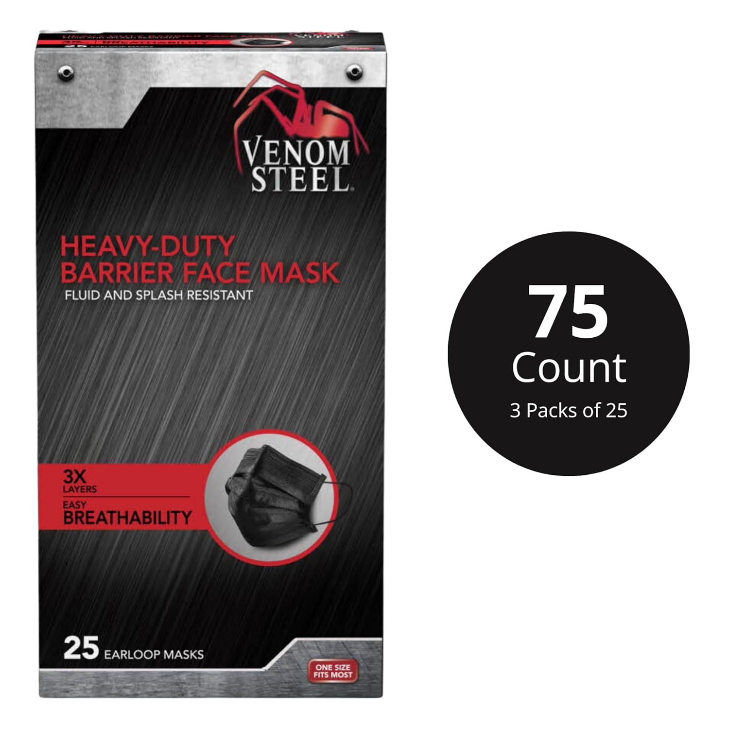 Venom Steel Máscara facial negra de barrera resistente, resistente a líquidos y salpicaduras, 75 unidades