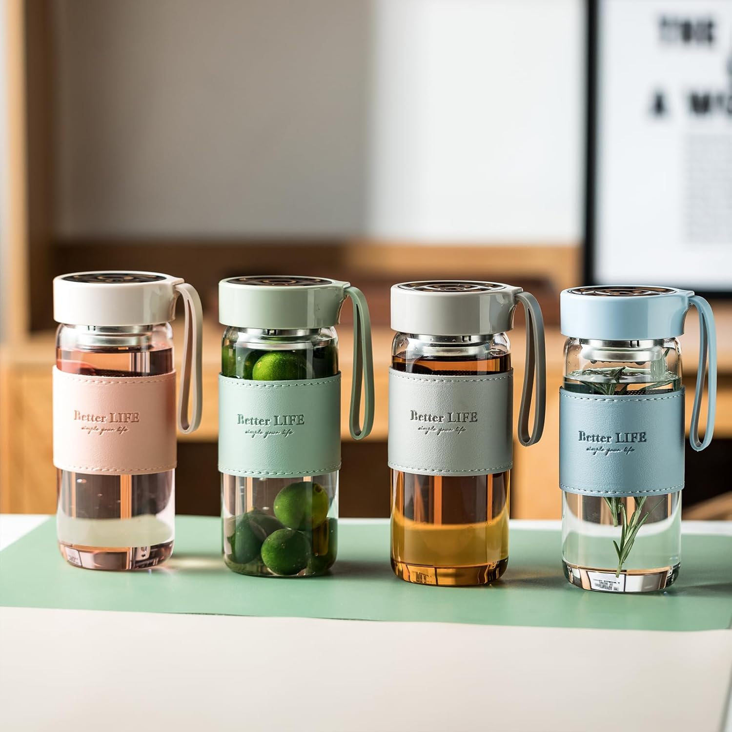 Botella de té de vidrio de 16 onzas con funda antideslizante e infusor de té inoxidable, tapa a prueba de fugas, botella de agua de vidrio portátil