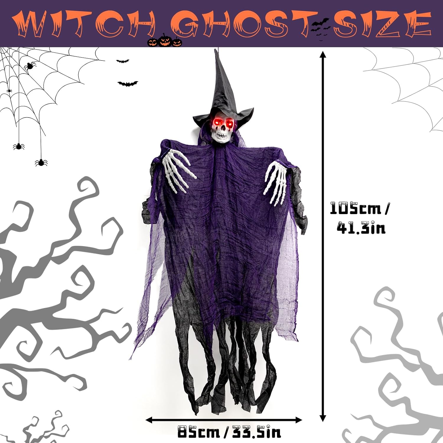 Decoración de Halloween, fantasma de esqueleto de bruja colgante, 41.3 pulgadas con ojos brillantes, decoraciones de Halloween para exteriores,
