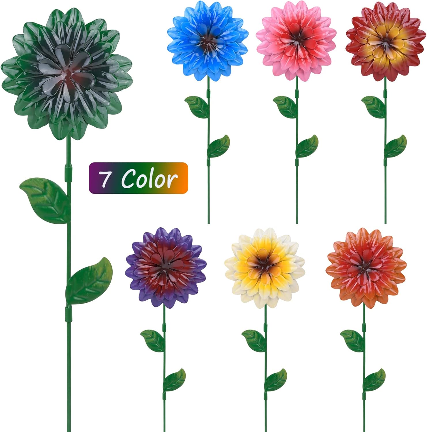 7 estacas de metal para jardín, flores de primavera de metal de 15 pulgadas, decoración al aire libre, decoración artística de patio, plantas de