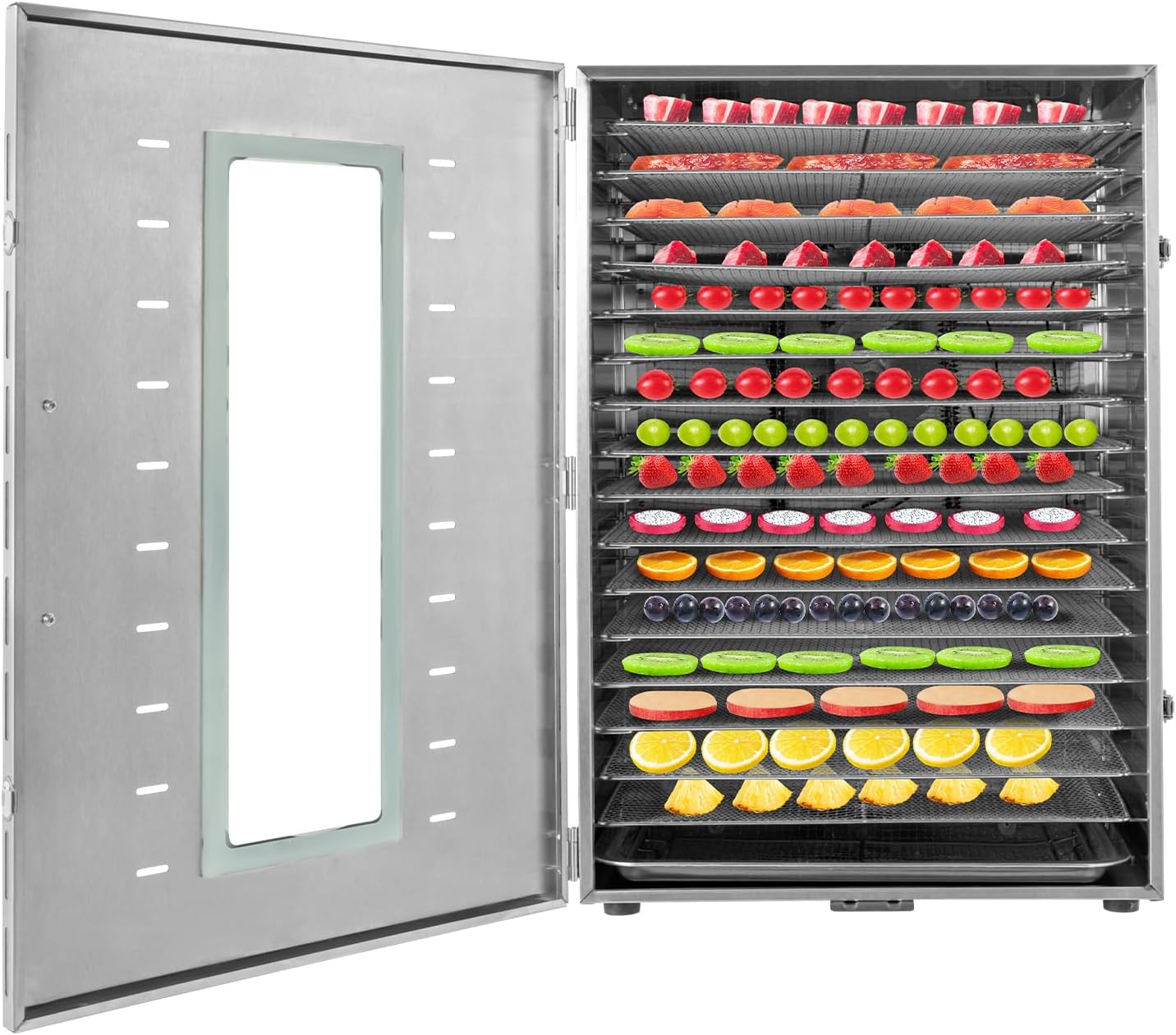 Deshidratador de alimentos de 16 bandejas para carne seca de acero inoxidable de 1500 W, máquina deshidratadora comercial de alimentos con