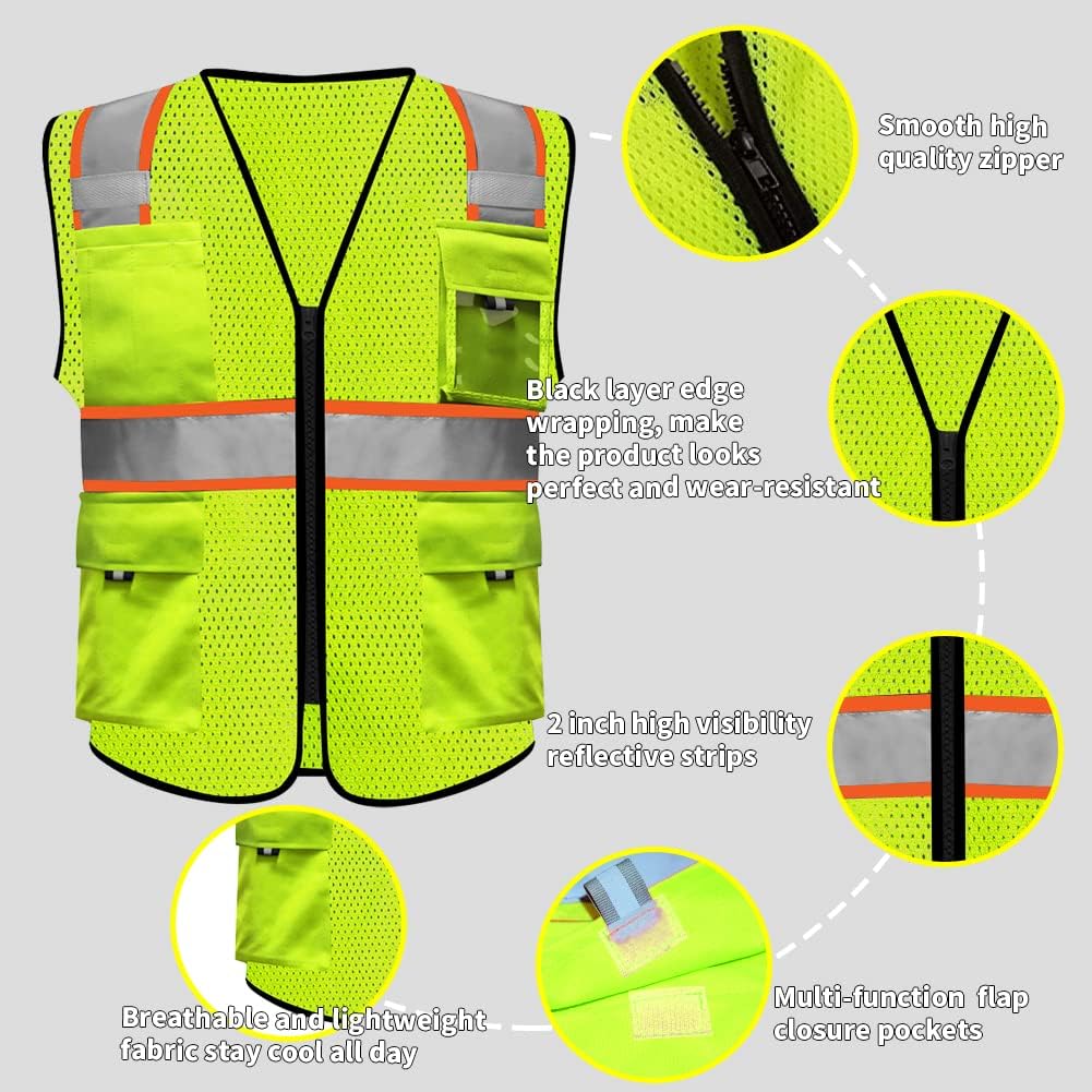HYCOPROT Chalecos de seguridad reflectantes de malla de alta visibilidad con bolsillos y cremallera, cumple con las normas ANSIISEA