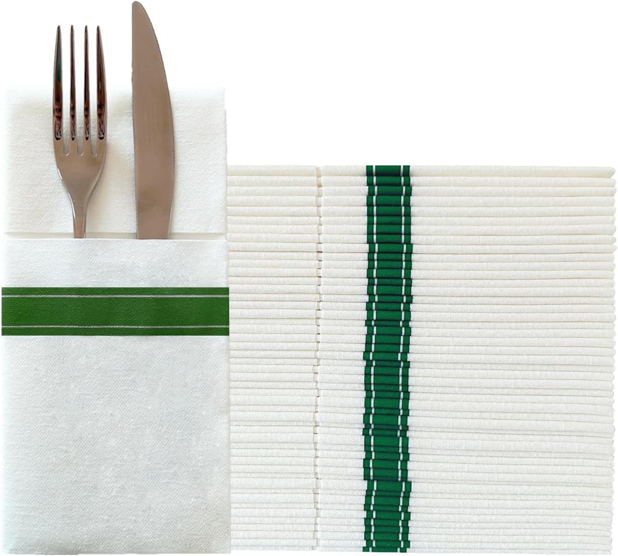 KMAKII Paquete de 100 servilletas de papel con bolsillo integrado para cubiertos desechables para fiestas, bodas, eventos, tacto de lino, 16 x 16