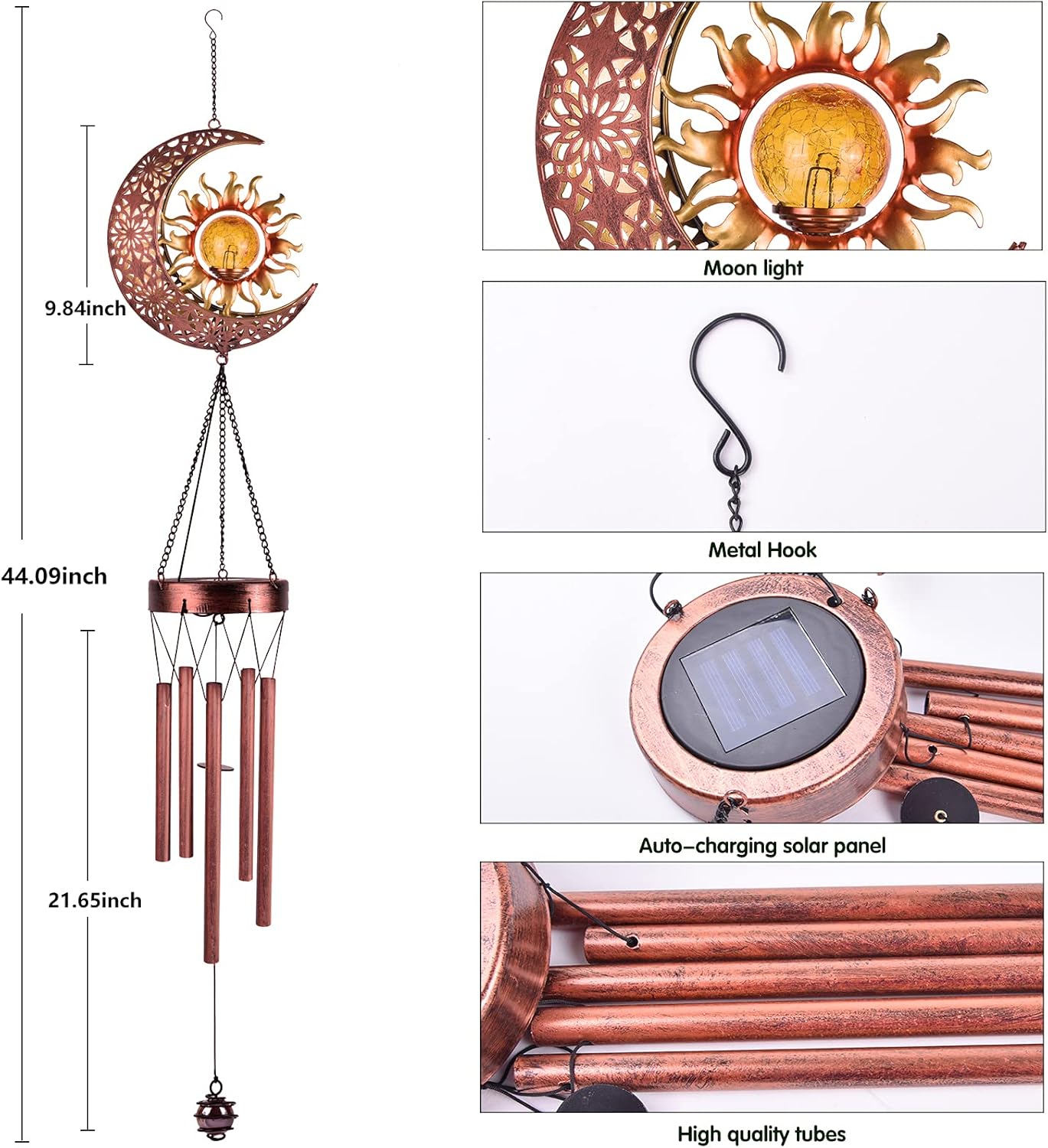 Campanillas de viento solares, para exteriores, jardín, decorativo, con bola agrietada, impermeable, de metal, LED, para colgar (luna y sol)
