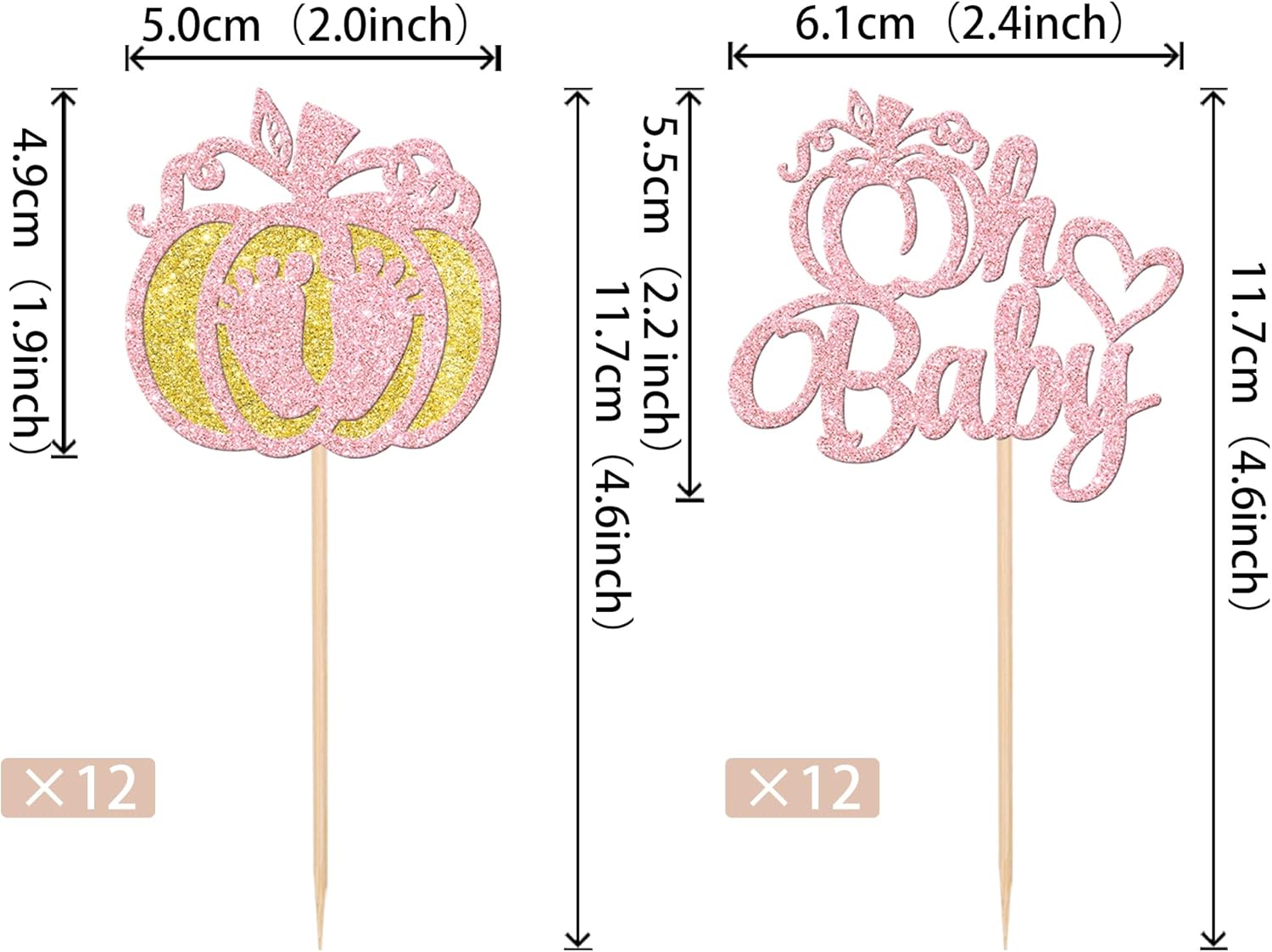 24 piezas de calabaza Oh Baby Cupcake Toppers Glitter Heart Baby Feet Calabaza Cupcake Picks para temática de otoño, baby shower, niños, cumpleaños,