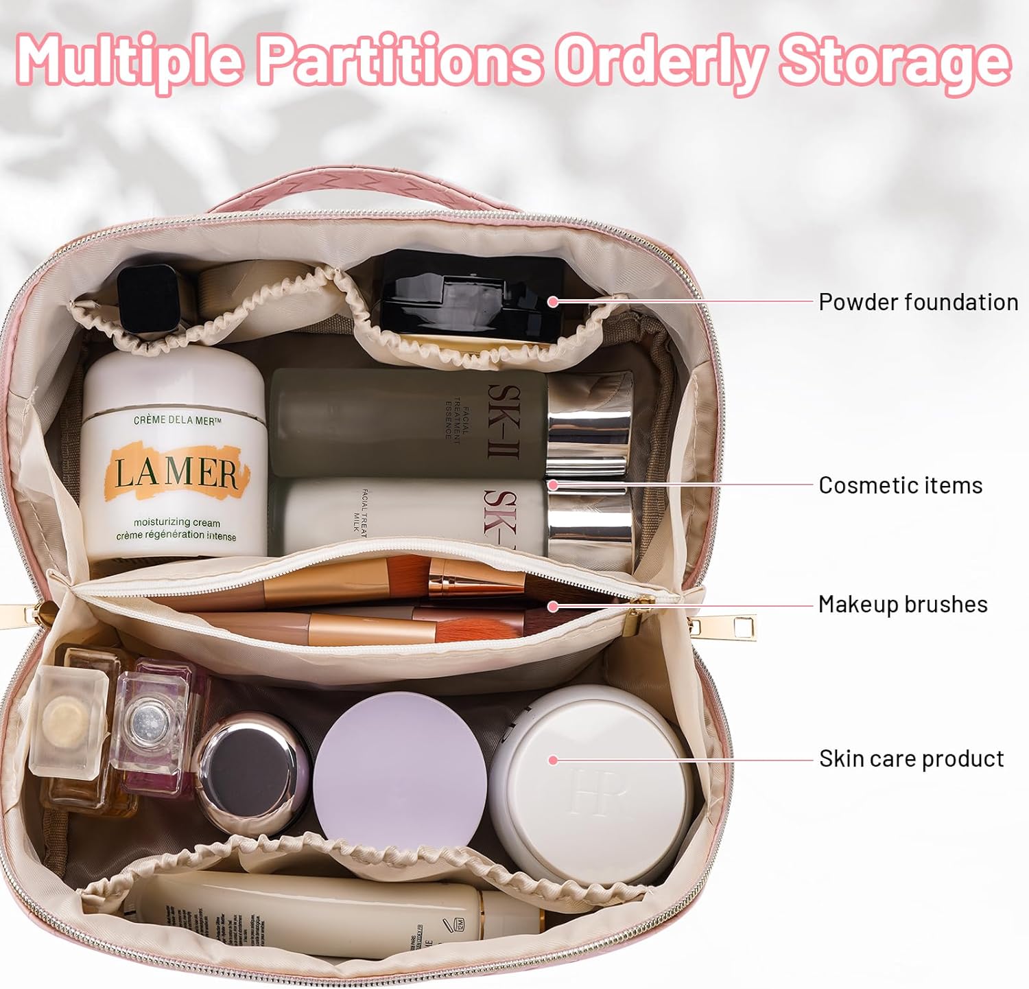 VVABELLI Bolsa de maquillaje  Bolsa de cosméticos de viaje de gran capacidad, portátil de cuero impermeable, bolsa de maquillaje de viaje para