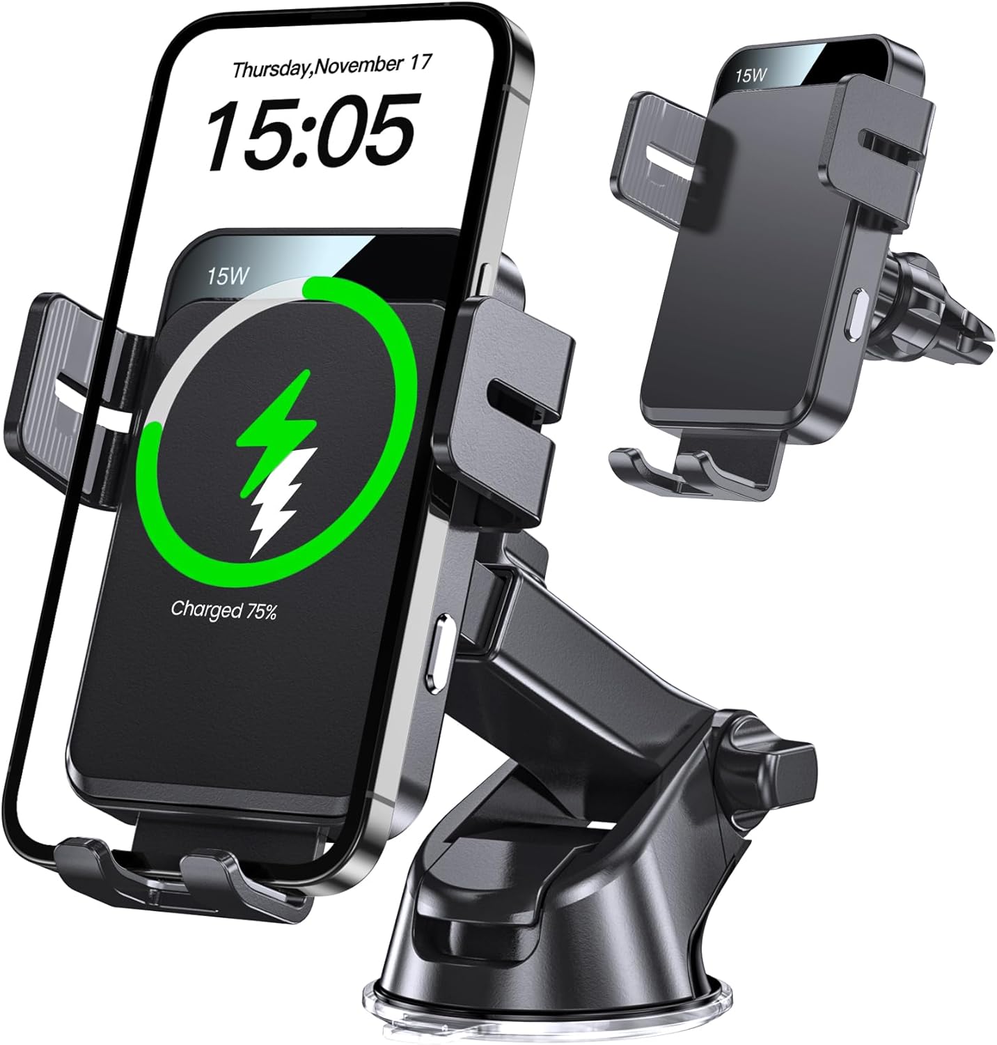 MOKPR – Cargador inalámbrico para automóvil, soporte de brazo largo 3 en 1 para automóvil, 15 W, sujeción automática, para salpicadero, parabrisas,