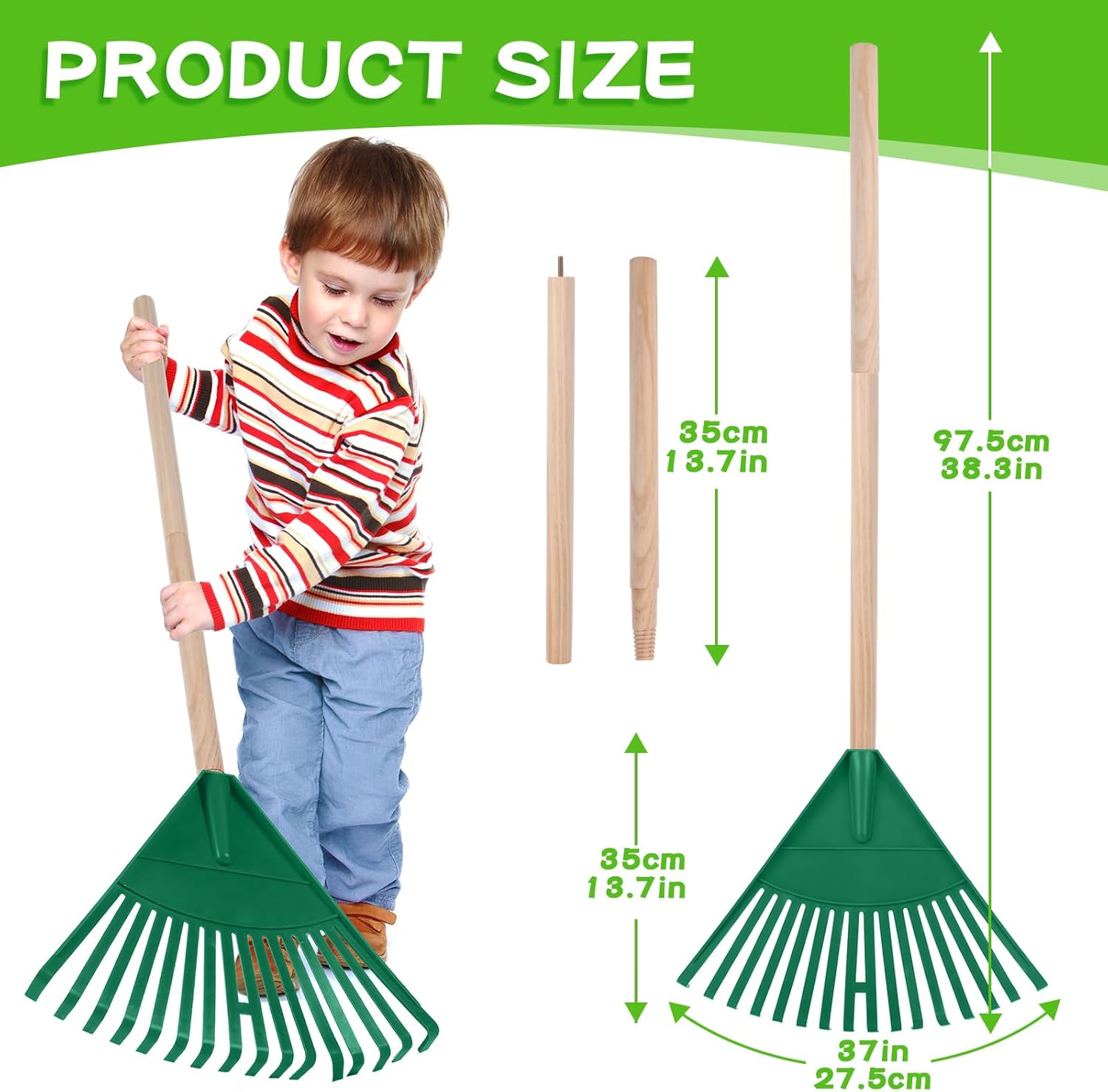 4 rastrillos para niños de 38 pulgadas con mango de madera desmontable y 2 bolsas reutilizables de 32 galones para desechos de jardín, rastrillos de