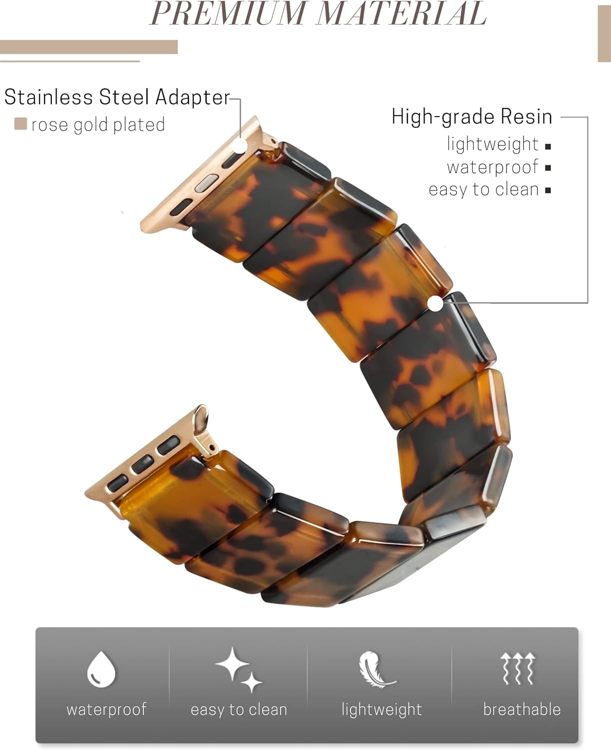 Heesch Correa de reloj de resina elástica mejorada compatible con Apple Watch para mujeres, hombres, correa de reloj de moda con concha de tortuga,