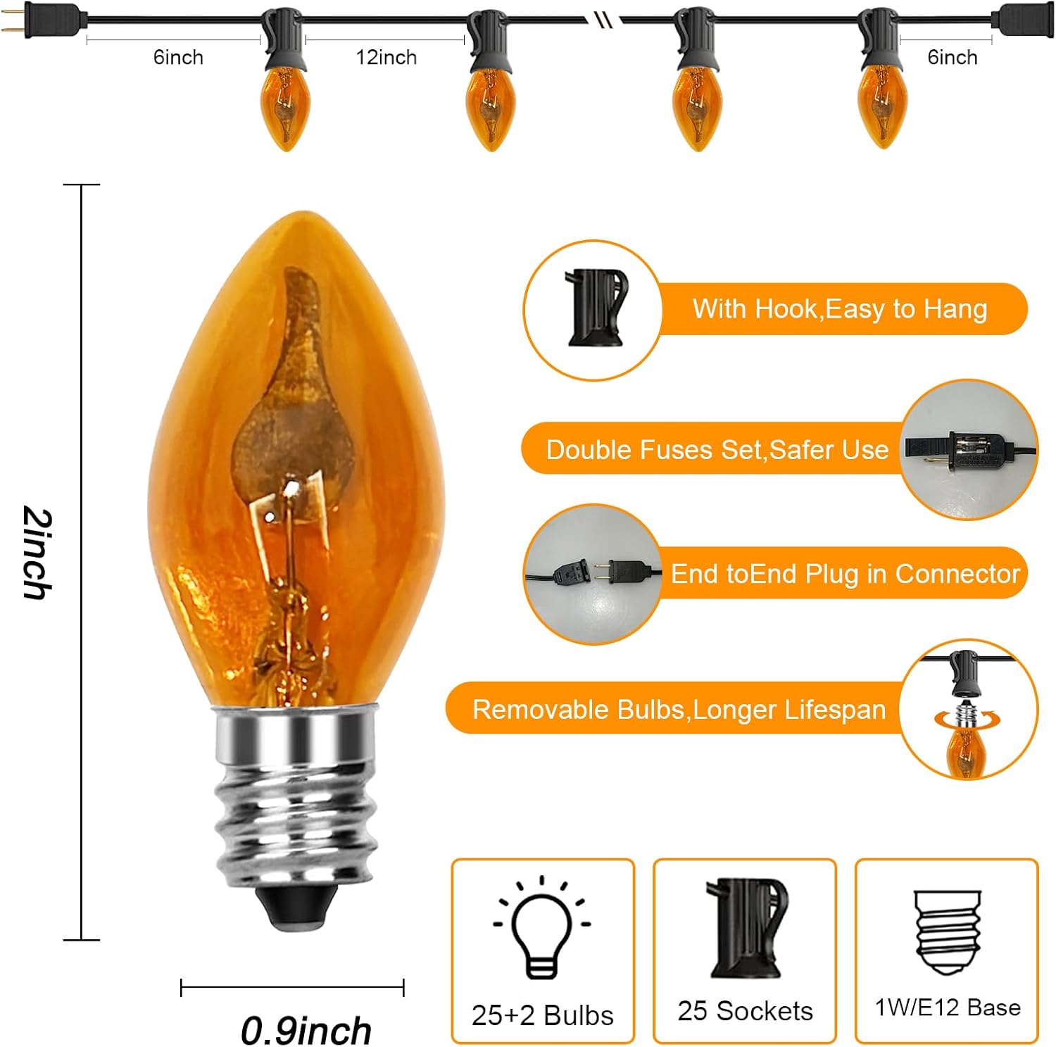 Tira de luces de llama parpadeante, 25 pies C7 naranja de Halloween, luces de llama parpadeante naranja para decoración de exteriores e interiores,