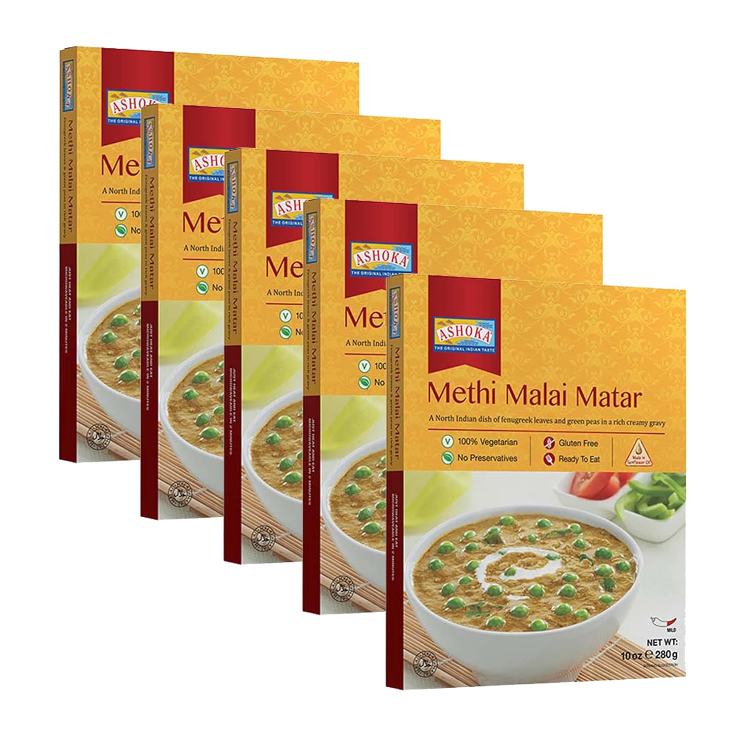 Ashoka Comidas totalmente naturales 1932, hojas vegetarianas de fenogreco y guisantes verdes, certificado Kosher, comidas indias auténticas listas
