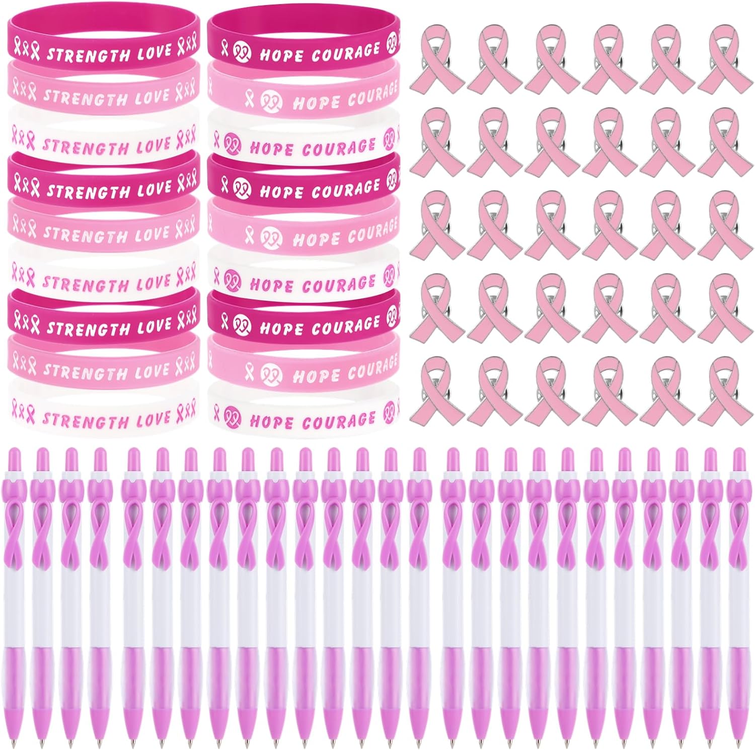 108 piezas de accesorios de concientización sobre el cáncer de mama, bolígrafos de bola con cinta rosa, pulseras de silicona, broches de aleación,